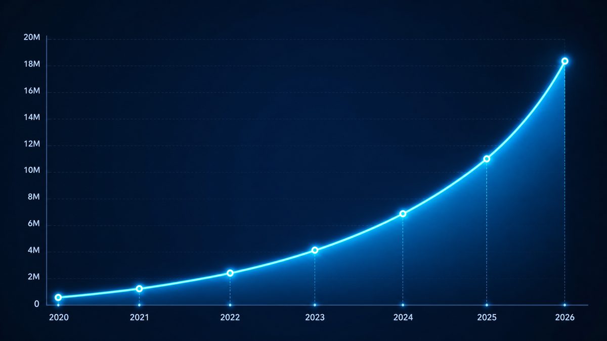 91黄片用户增长数据图表,展示2020-2026年注册用户从50万增长至1800万的趋势